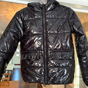NWOT Girl's Faux Cheetah Patent Leather Puffer Black Jacket. Size 12